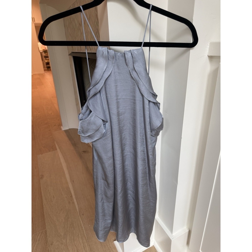 Lucy Love Shift Dress Gray Satin Ruffle Halter Sleeveless Short Medium